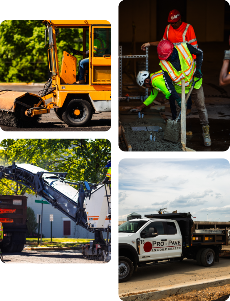 Pro Pave Collage featuring a screed, contractor, cold milling machine, and a Pro Pave company truck