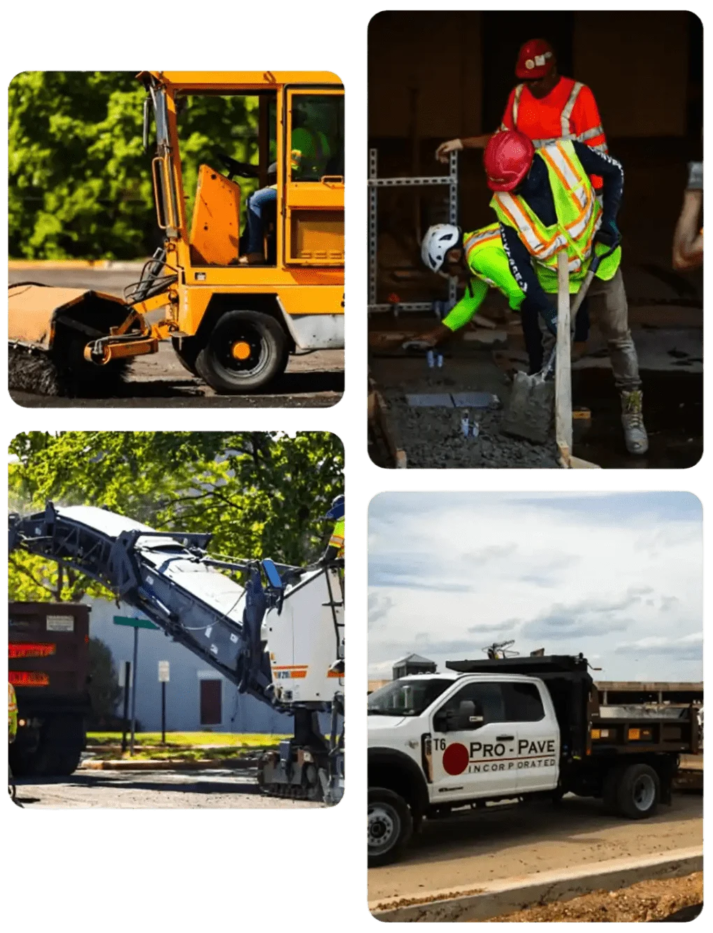 Pro-Pave Inc crew performing asphalt paving process including surface prep, material handling, and roadway construction using specialized equipment and trucks